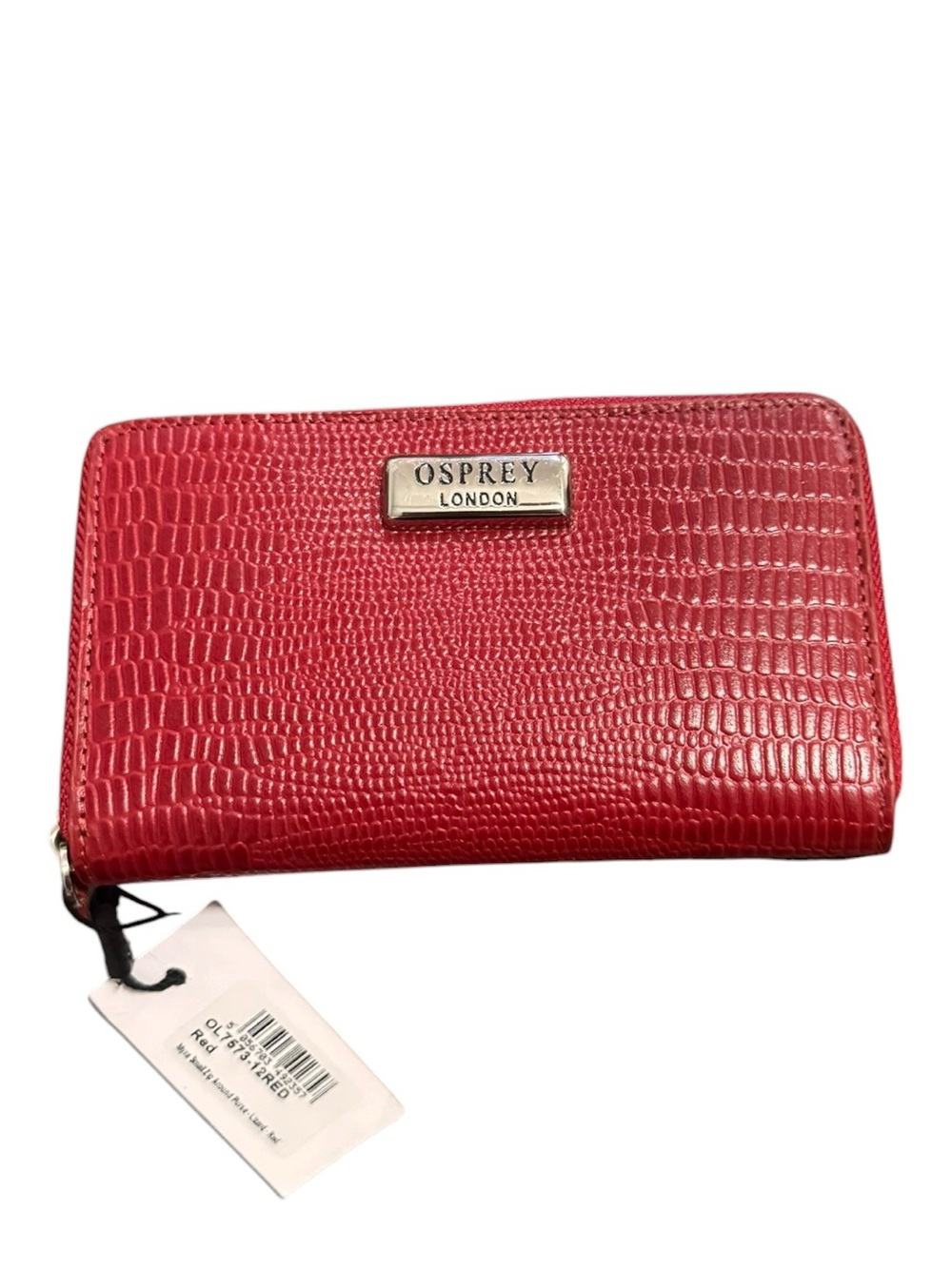 OSPREY Genuine Leather Red Crocodile-Embossed Zip Wallet